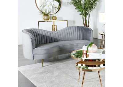 Sophia Upholstered Loveseat with Camel Back Grey and Gold