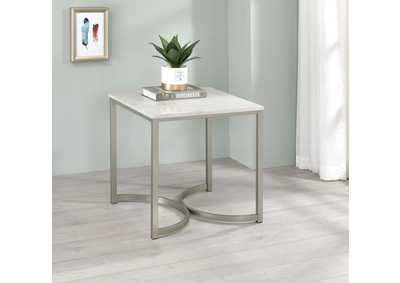 Image for Leona Faux Marble Square End Table White and Satin Nickel