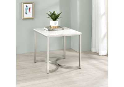 Leona Faux Marble Square End Table White and Satin Nickel