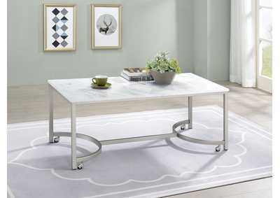 Leona Coffee Table with Casters White and Satin Nickel