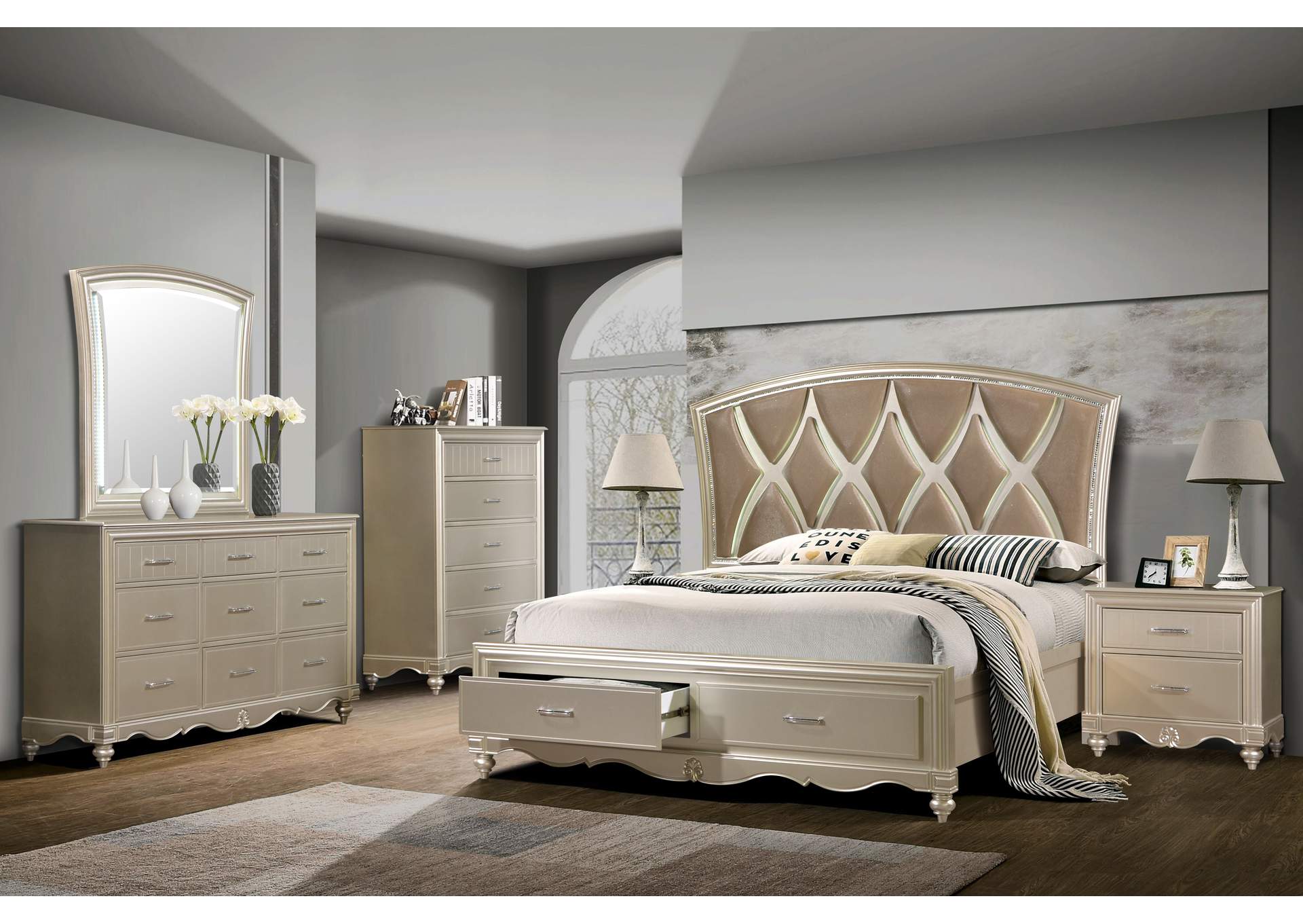 Faisal Champagne Queen Bedroom Set - Bed, Dresser, Mirror, 2 Nightstands, Chest,Cosmos Furniture