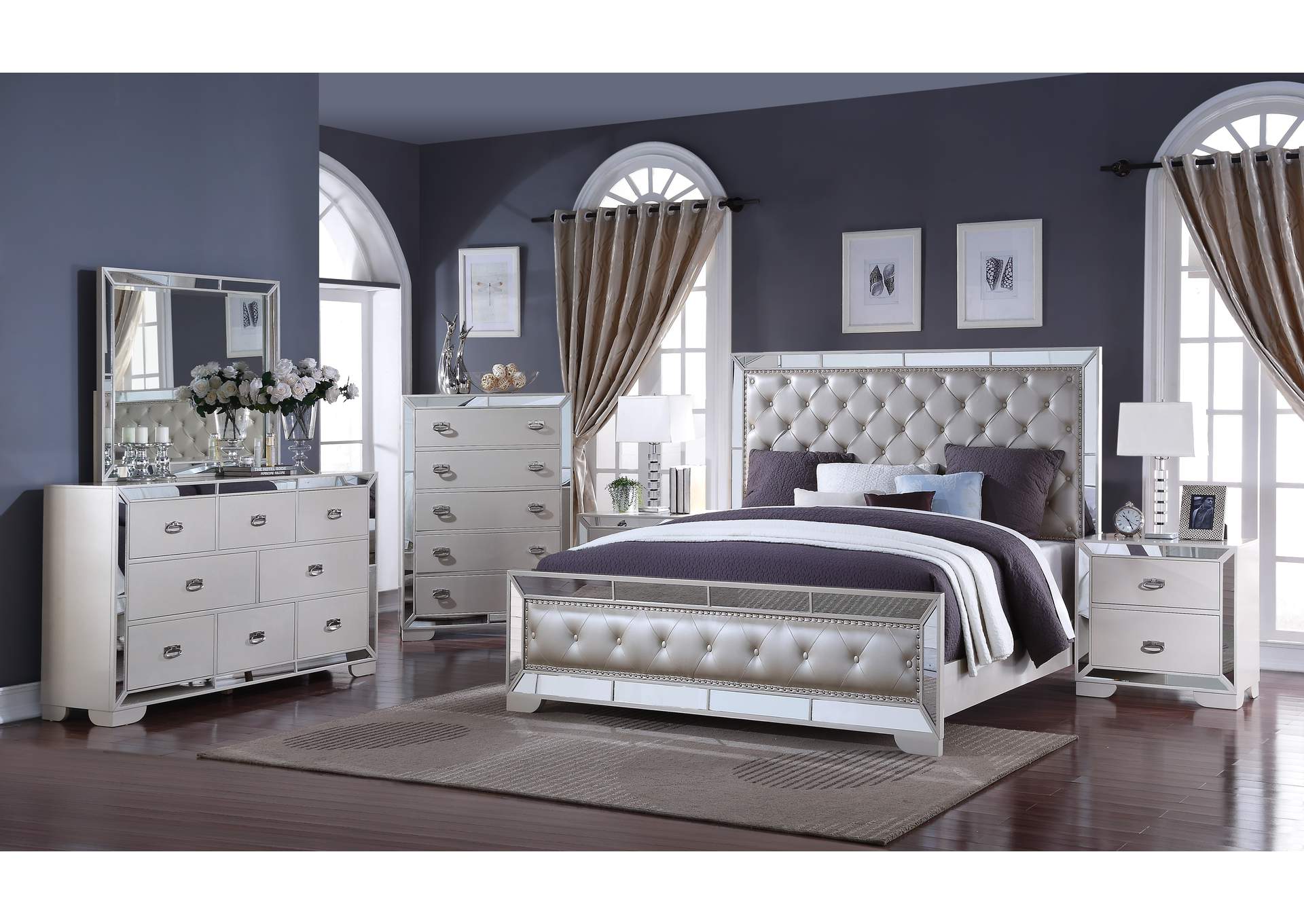 Gloria White Queen Bedroom Set - Bed, Dresser, Mirror, 2 Nightstands, Chest,Cosmos Furniture
