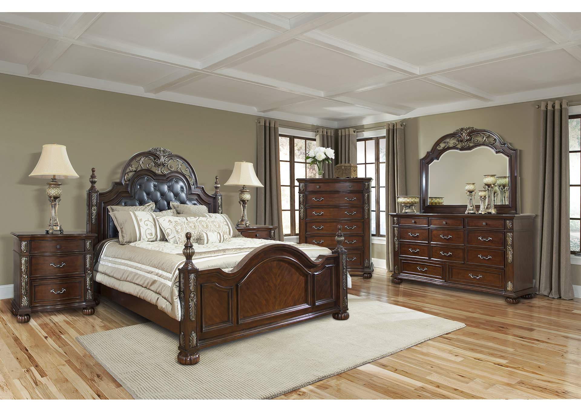 Rosanna Cherry Queen Bedroom Set - Bed, Dresser, Mirror, 2 Nightstands, Chest,Cosmos Furniture