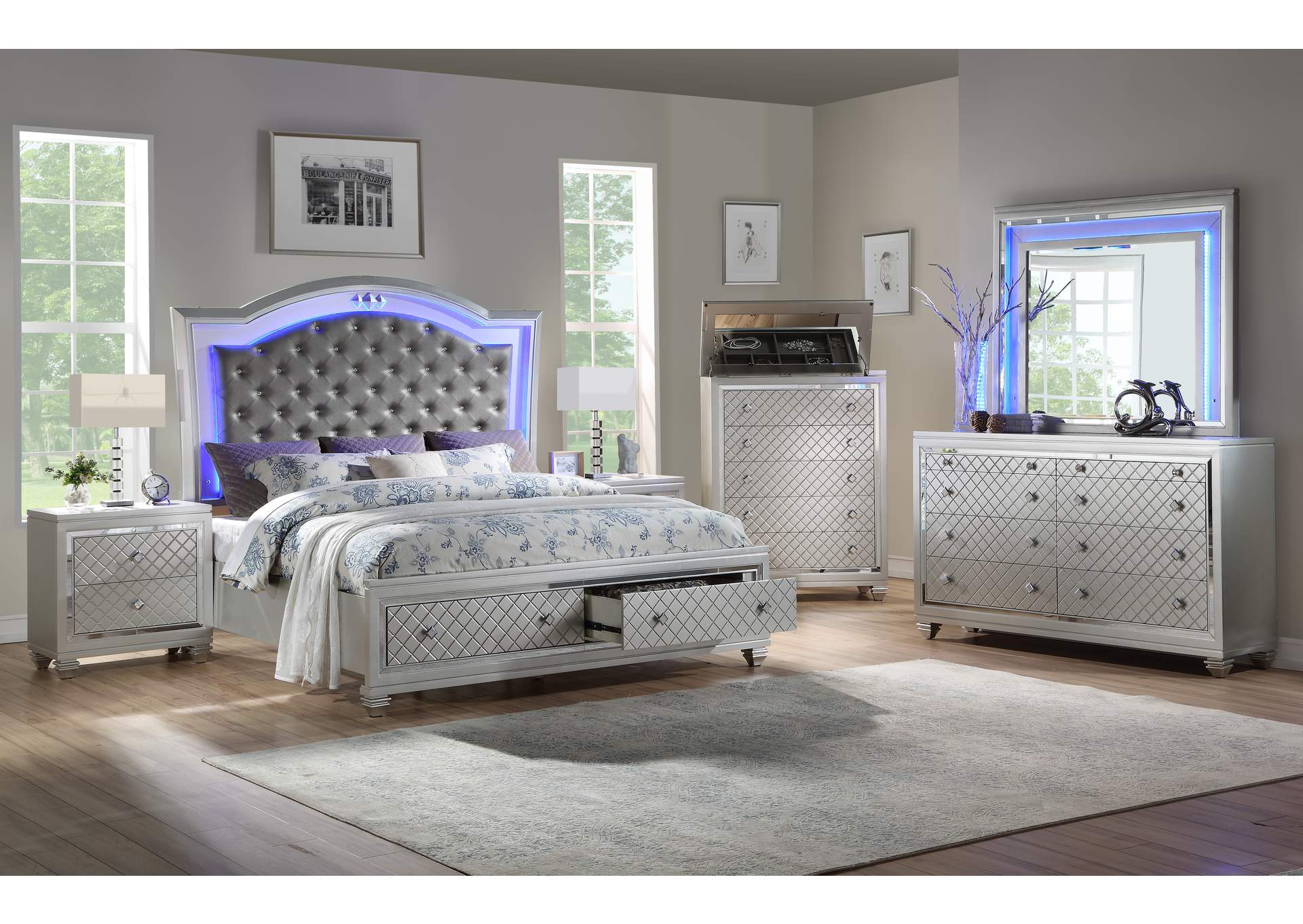 Shiney Silver Queen Bedroom Set Bed, Silver Dresser With Mirror And Nightstand Set Of 2