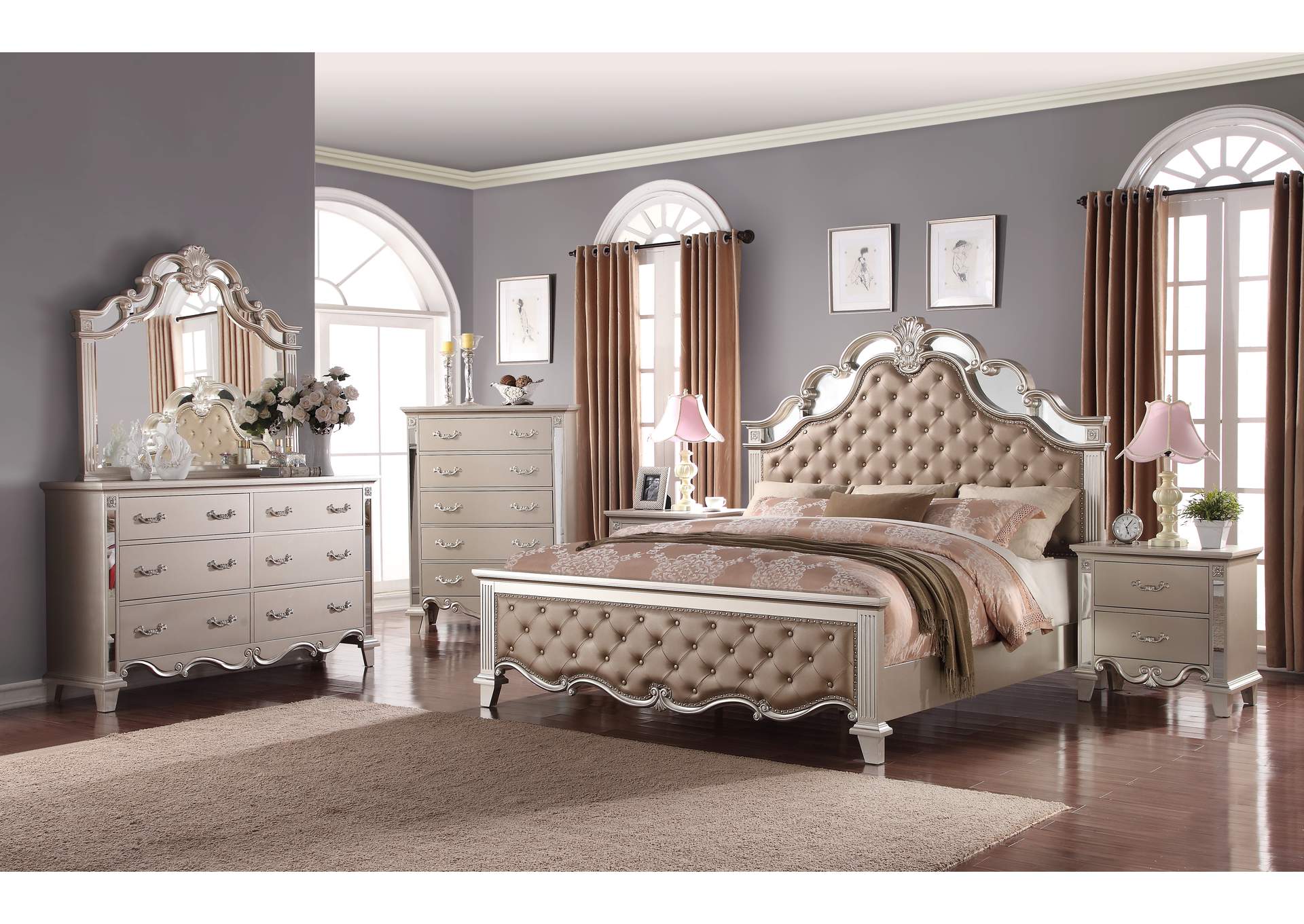 Sonia Beige Queen Bedroom Set - Bed, Dresser, Mirror, 2 Nightstands, Chest,Cosmos Furniture