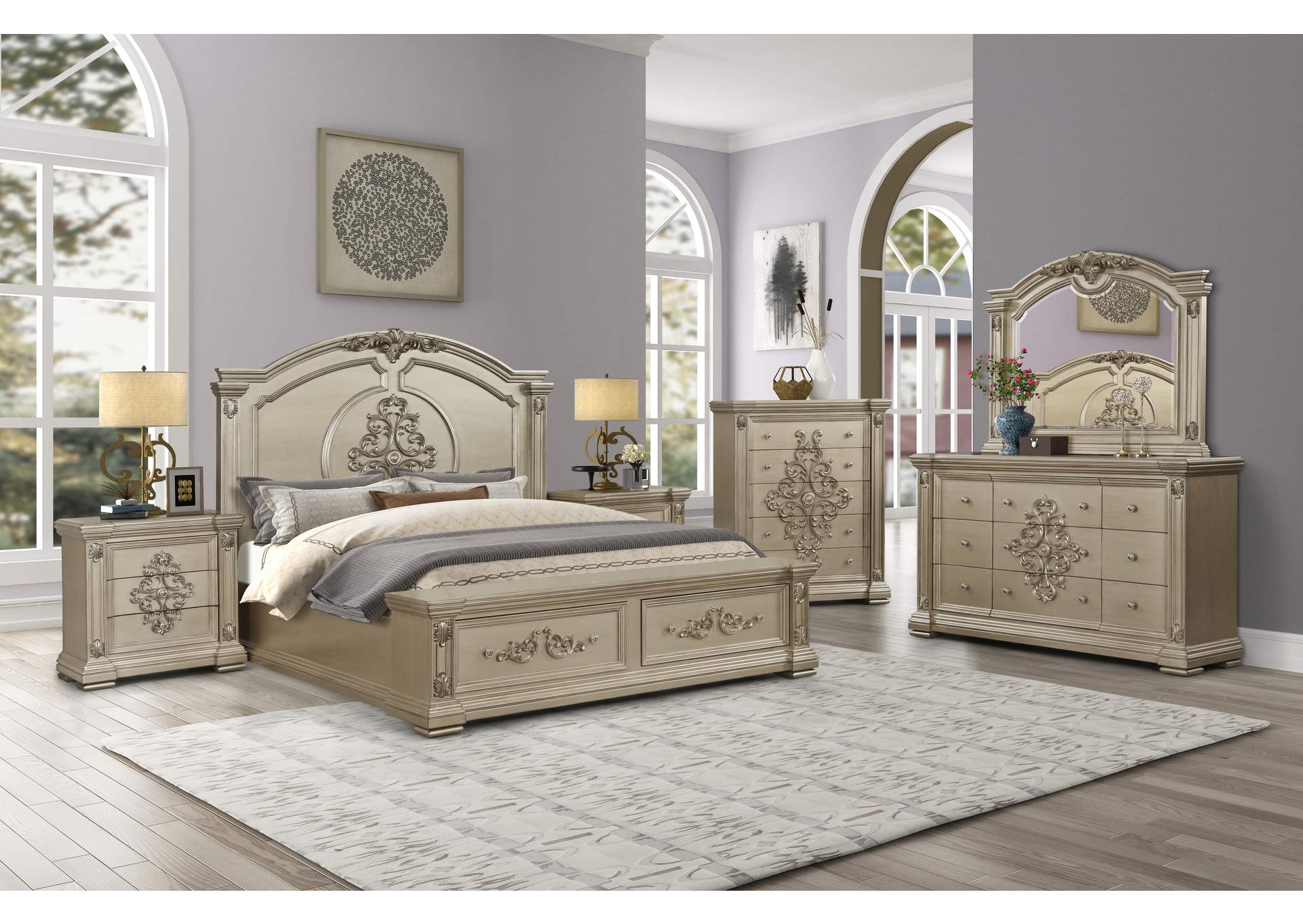 Alicia Beige Queen Bedroom Set - Bed, Dresser, Mirror, 2 Nightstands, Chest,Cosmos Furniture