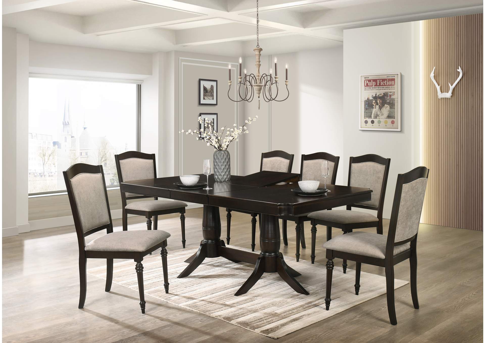 Windsor Chocolate & Beige 7 Piece Dining Set -Table W/ 6 Side Chairs,Cosmos Furniture