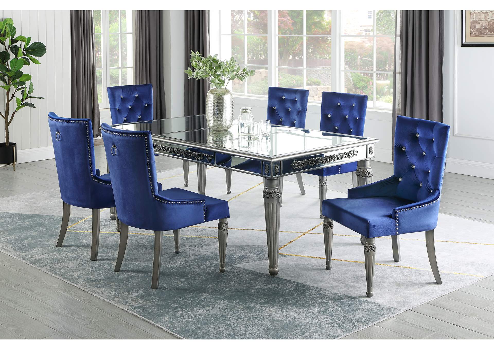 Queen Silver Silver & Blue 7 Piece Dining Set -Table W/ 6 Side Chairs,Cosmos Furniture