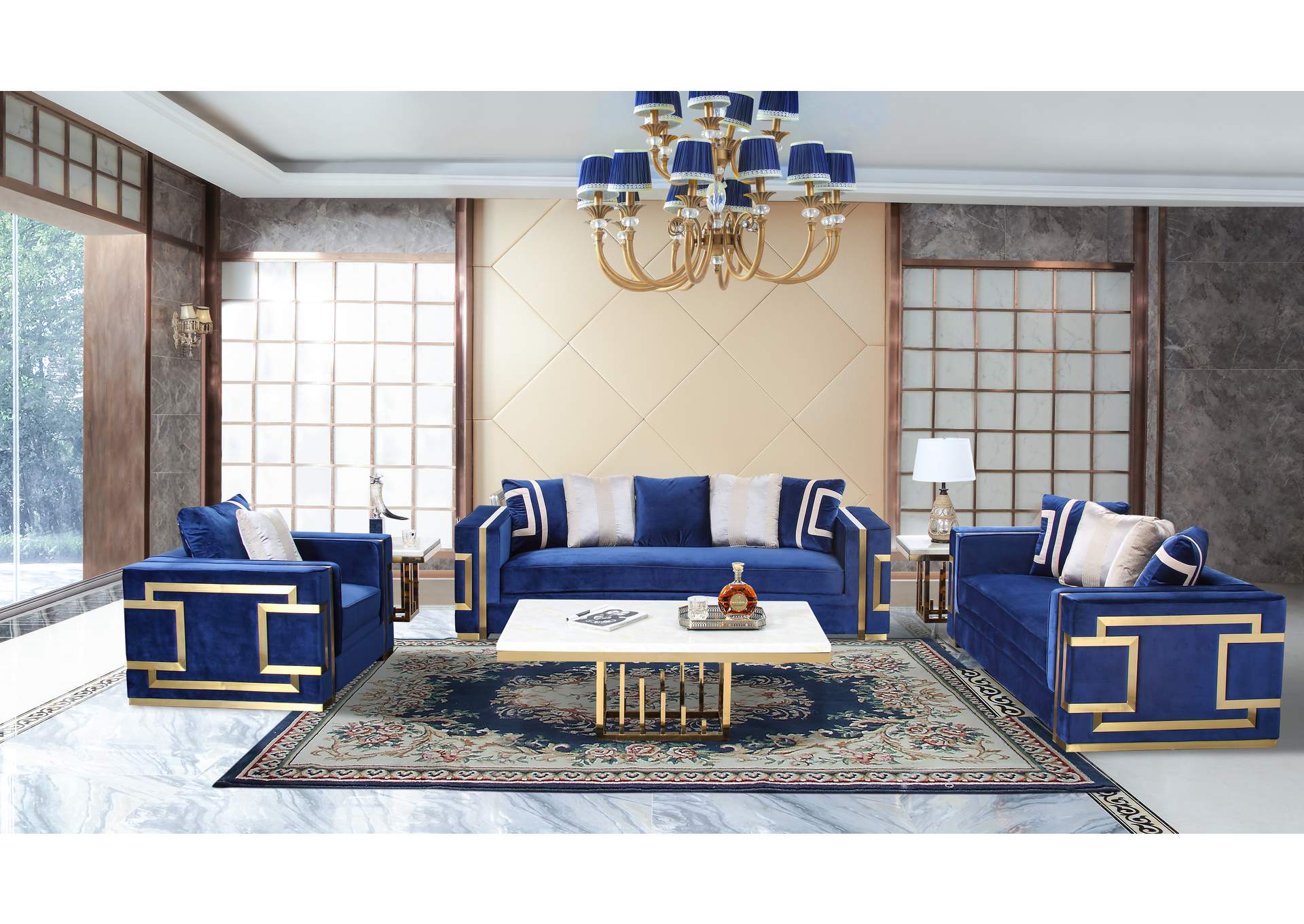 Lawrence Navy Blue 2 Piece Living Room, 2 Piece Sofa Set For Living Room