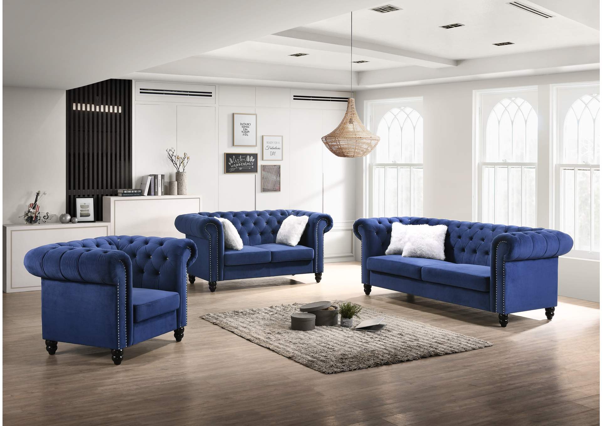 Maya Navy 3 Piece Living Room Set - Sofa, Loveseat, Armchair,Cosmos Furniture