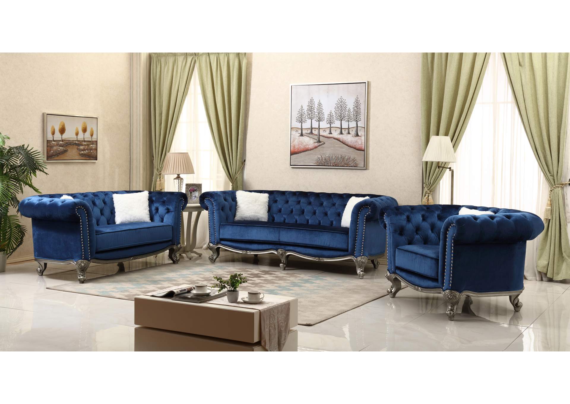 Mia Navy Blue 3 Piece Living Room Set - Sofa, Loveseat, Armchair,Cosmos Furniture