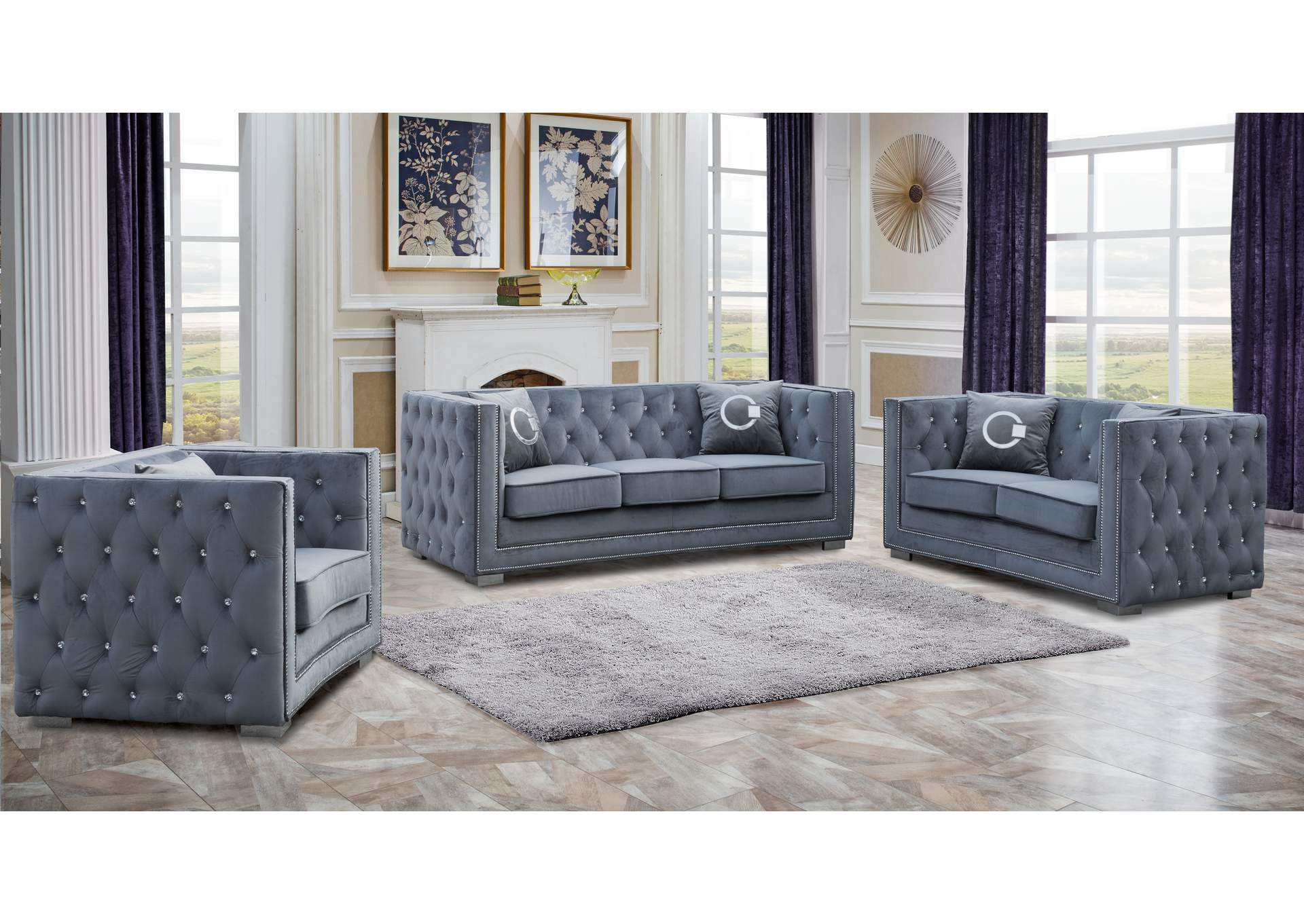Zion Gray 3 Piece Living Room Set - Sofa, Loveseat, Armchair,Cosmos Furniture