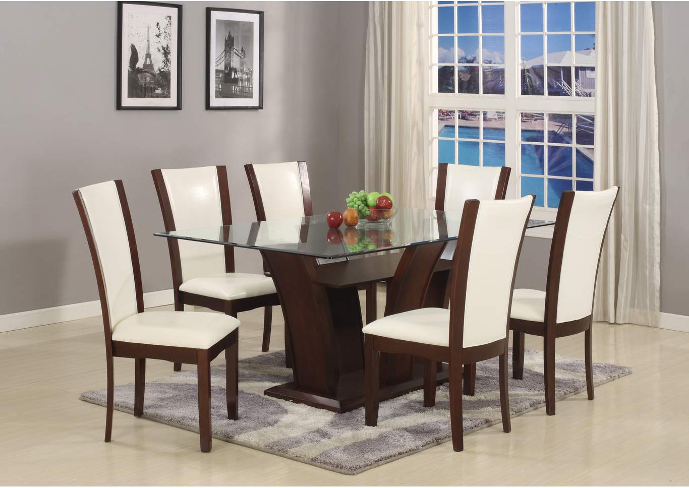 Camelia Rectangular Glass Top Dining Room Table w/6 White Side Chairs,Crown Mark