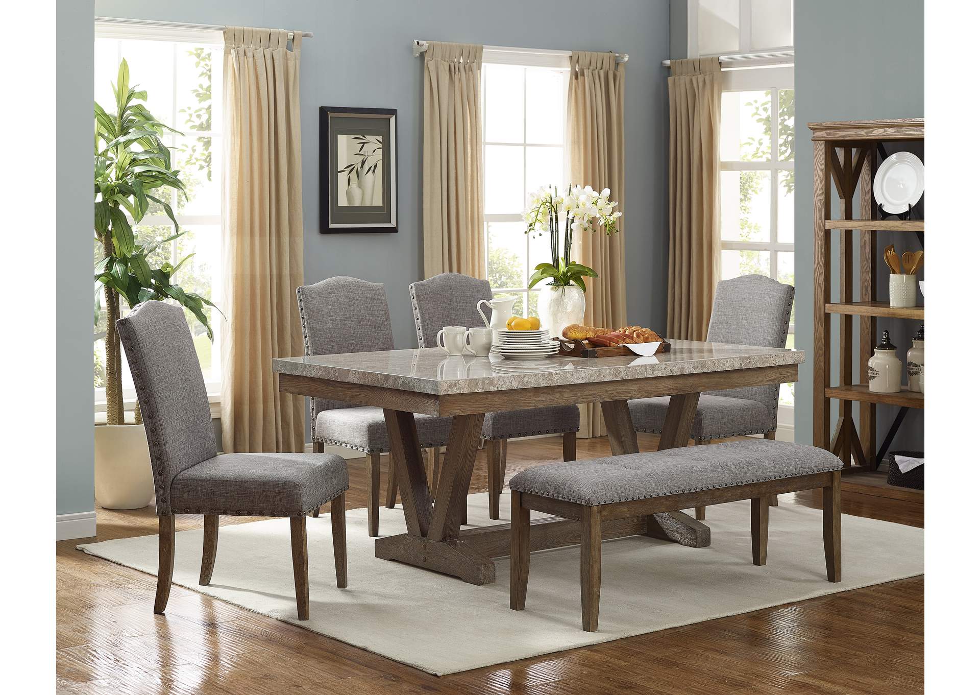 Vesper Marble Dining Table w/Bench and 4 Side Chairs,Crown Mark