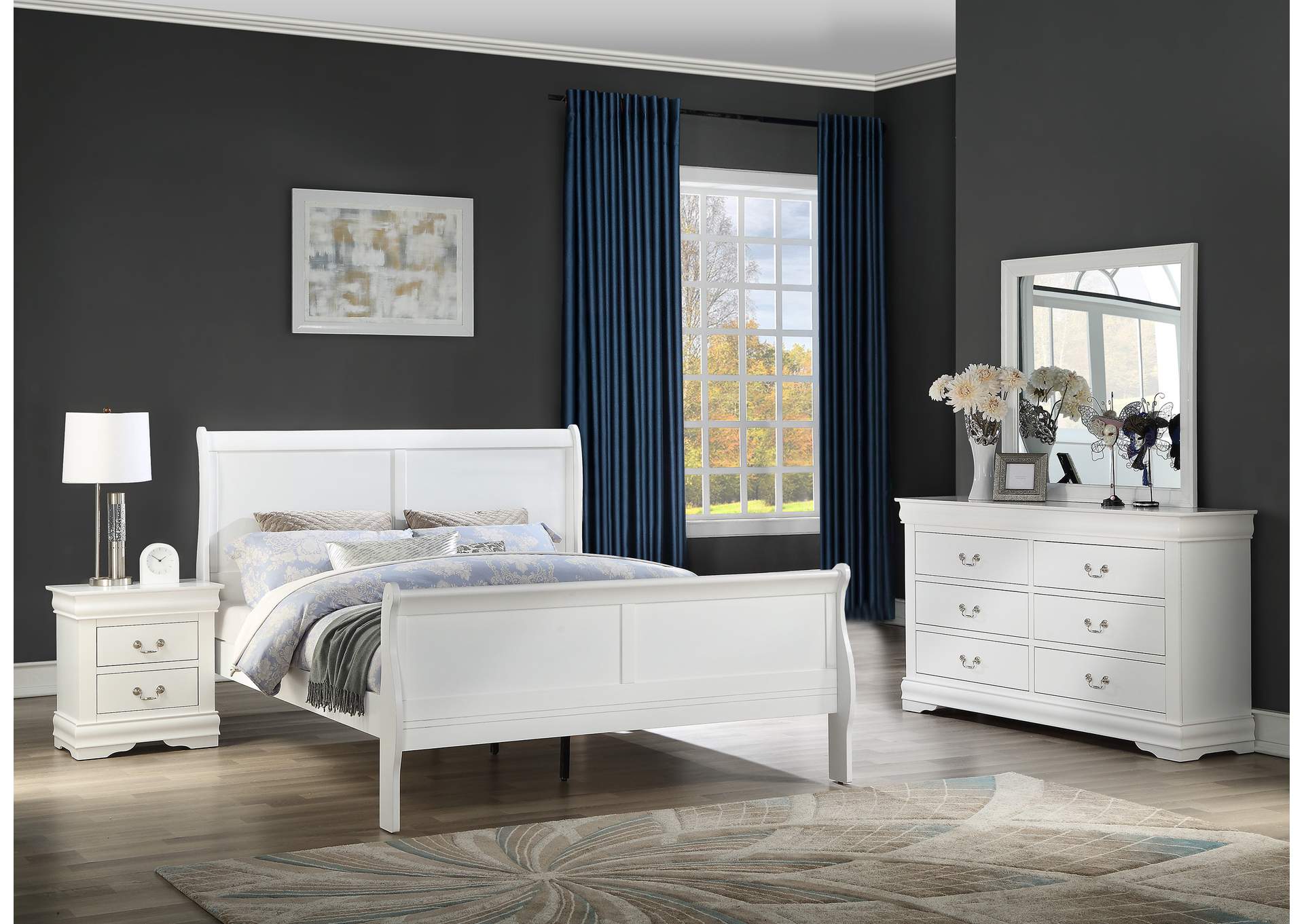 Louis Philip White Twin Bed W/ Dresser, Mirror, Nightstand,Crown Mark