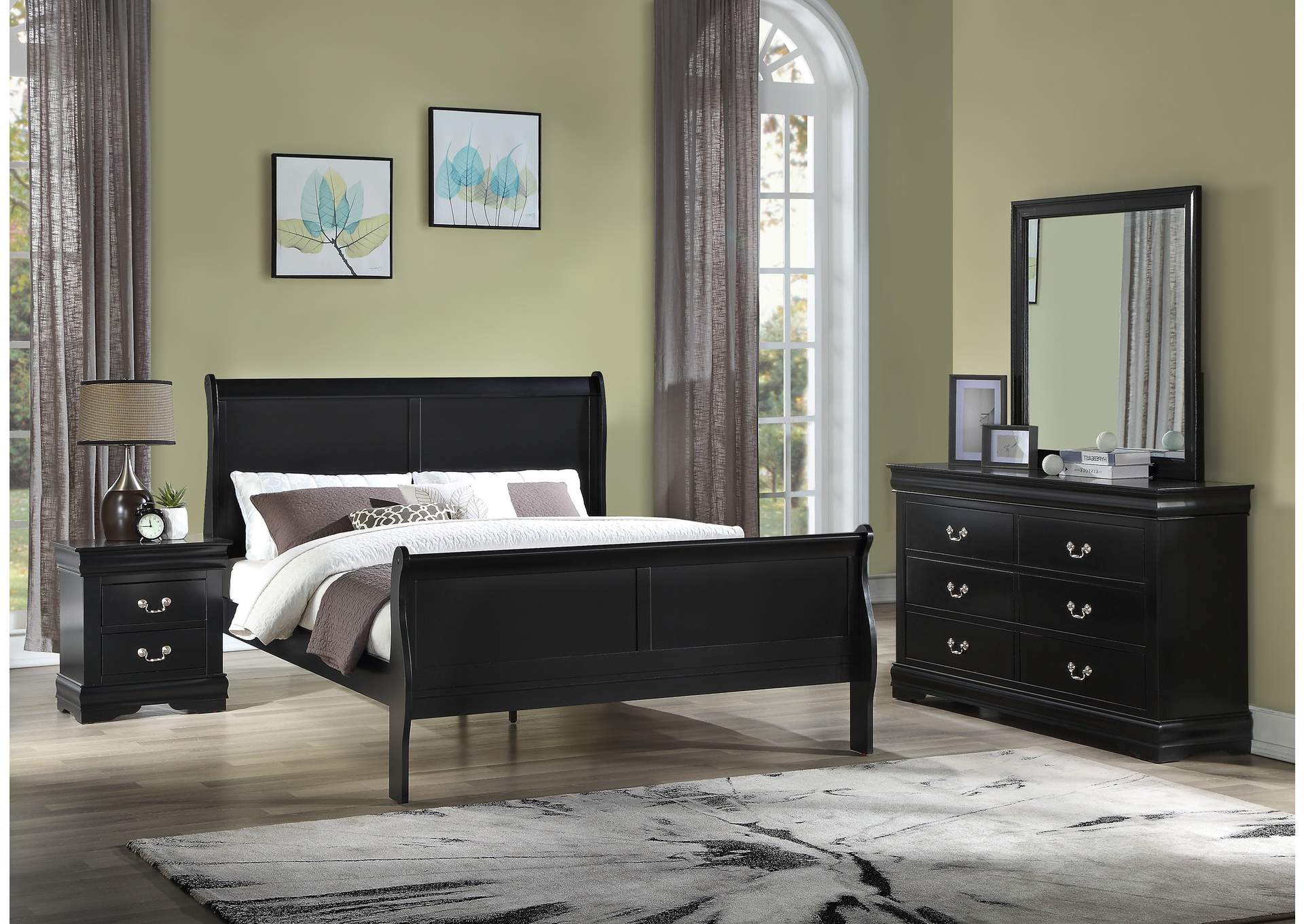 Louis Philip Black Full Bed W/ Dresser, Mirror, Nightstand,Crown Mark