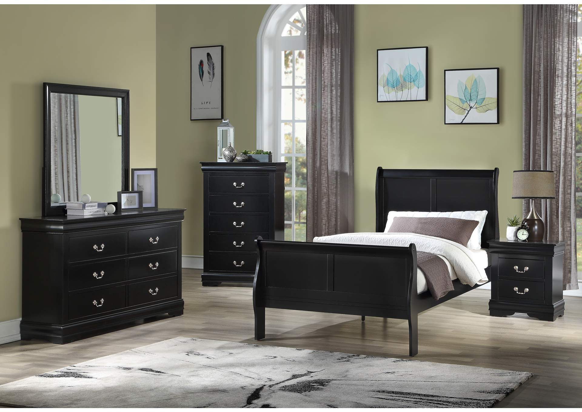 Louis Philip Black Twin Bed W/ Dresser, Mirror, Nightstand, Chest,Crown Mark