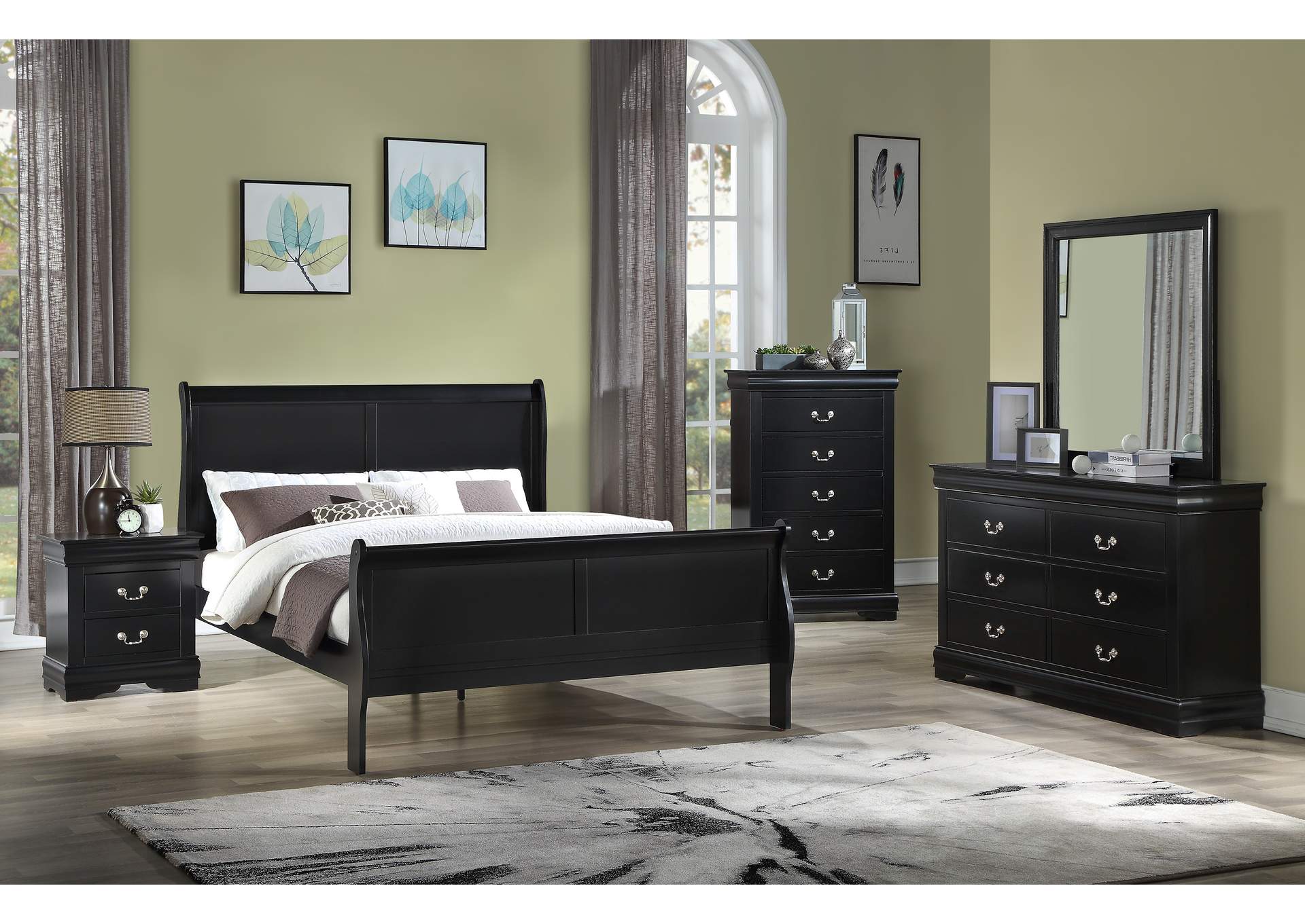 Louis Philip Black Full Bed W/ Dresser, Mirror, Nightstand, Chest,Crown Mark
