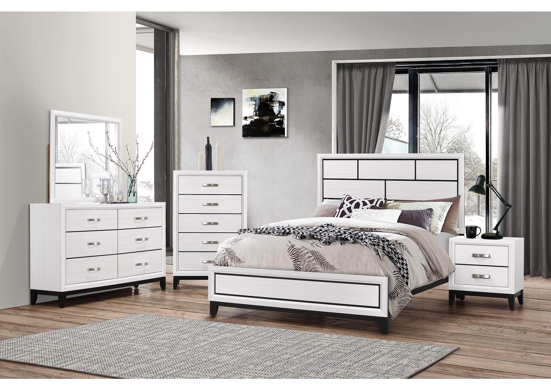 Akerson Chalk Full Bed W/ Dresser, Mirror, Nightstand, Chest