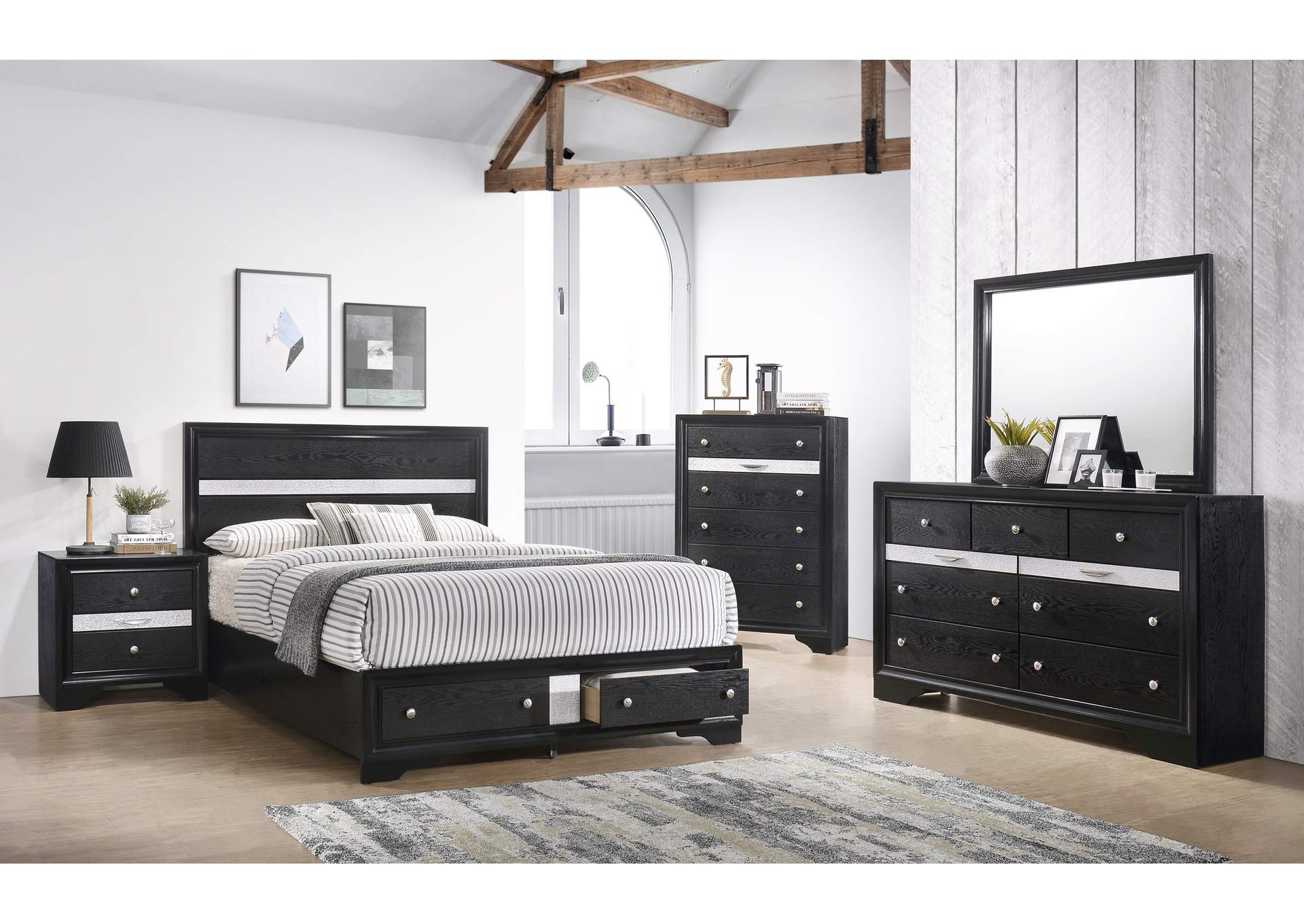 Regata Black King Bed W/ Dresser, Mirror, Nightstand, Chest