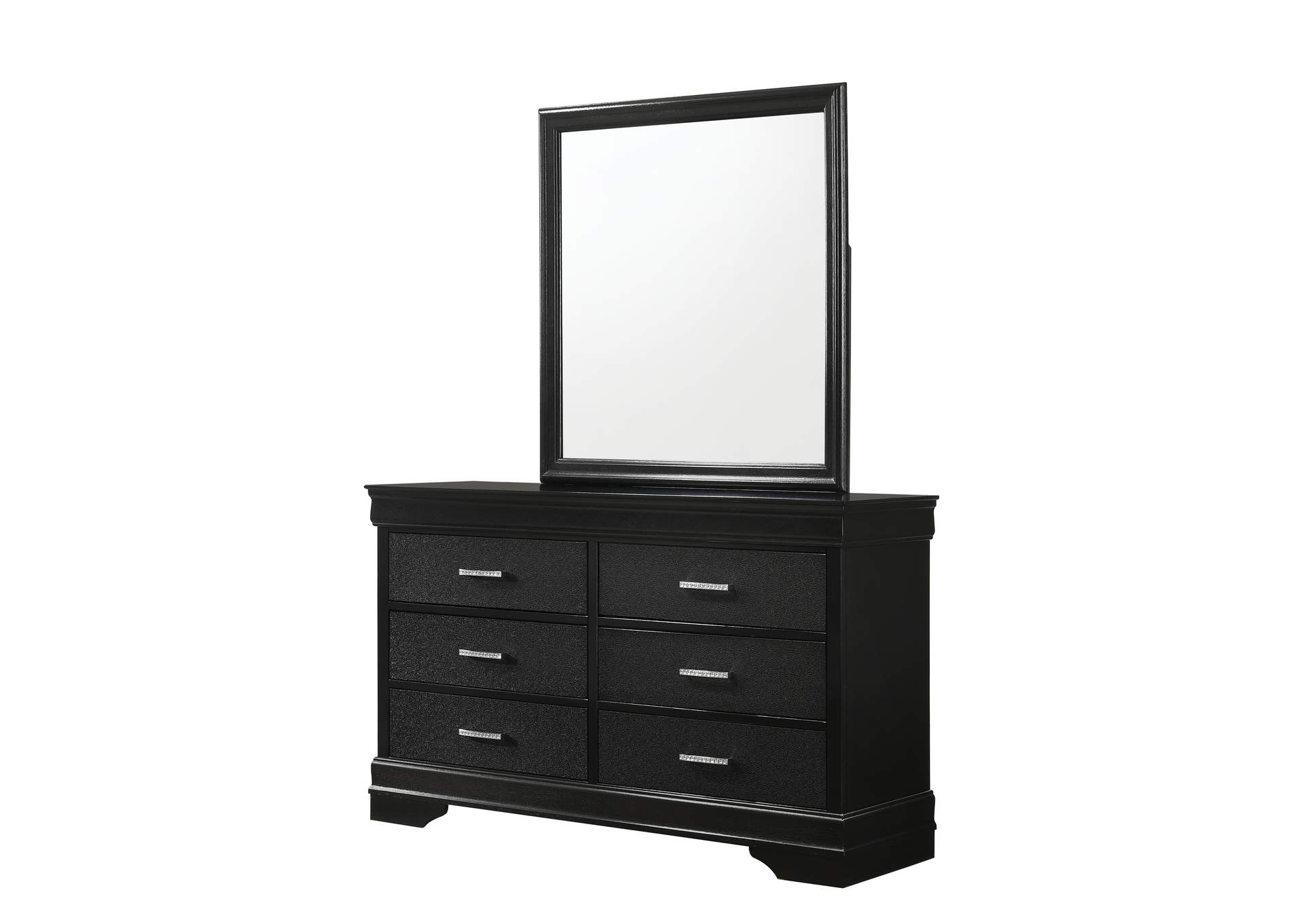 black dresser with mirror and nightstand