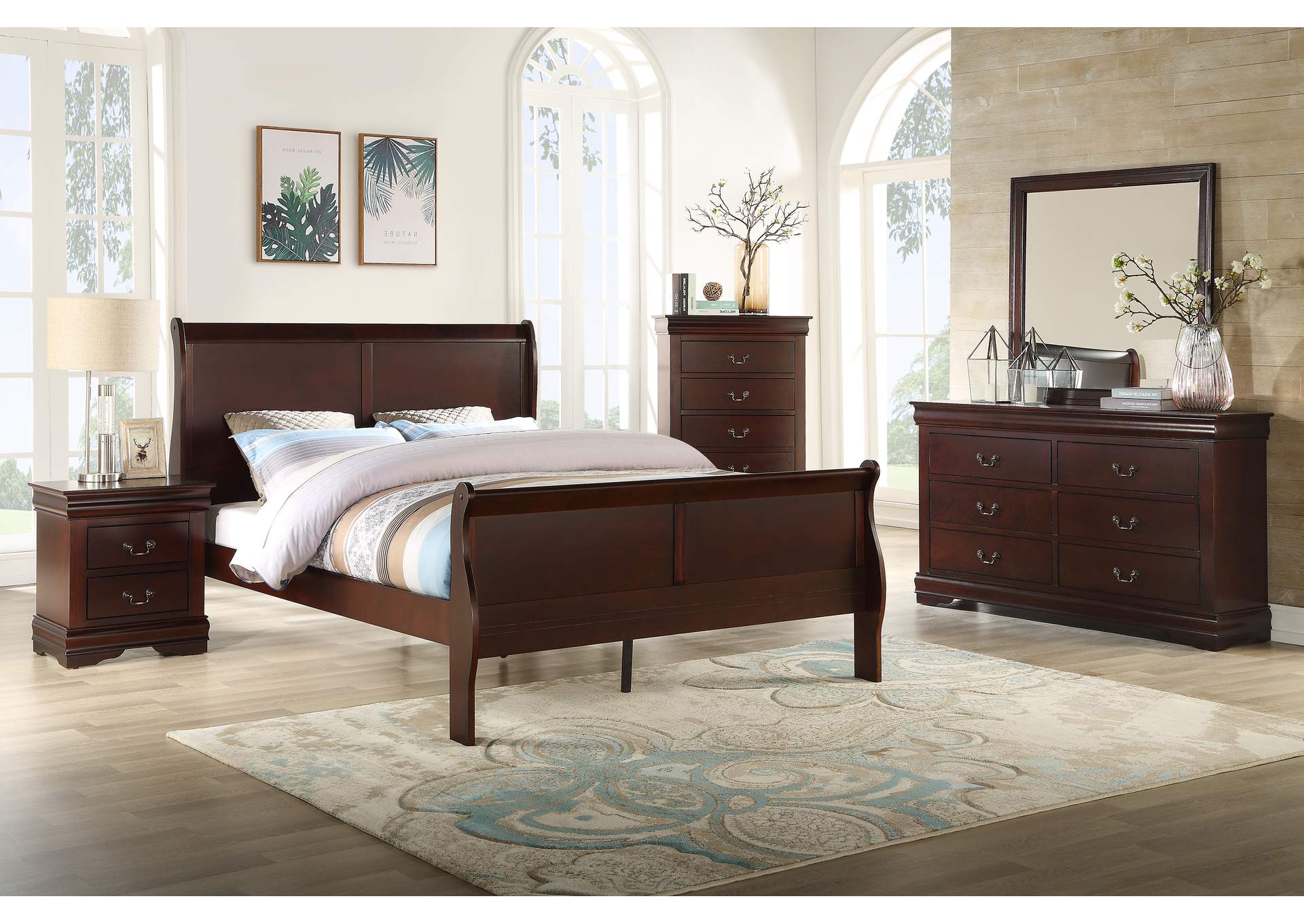 Louis Philip Cherry Full Bed W/ Dresser, Mirror, Nightstand, Chest,Crown Mark