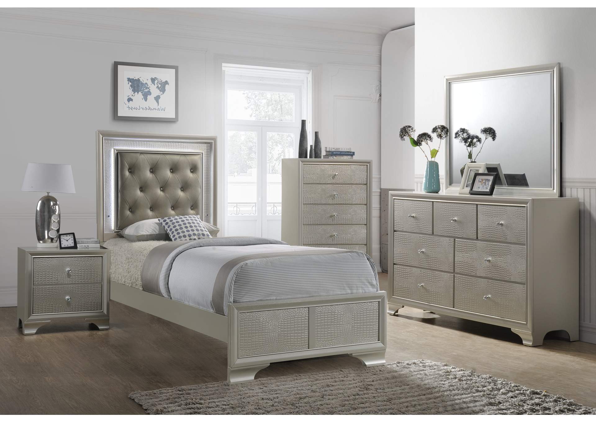 Lyssa Twin Bed W/ Dresser, Mirror, Nightstand,Crown Mark