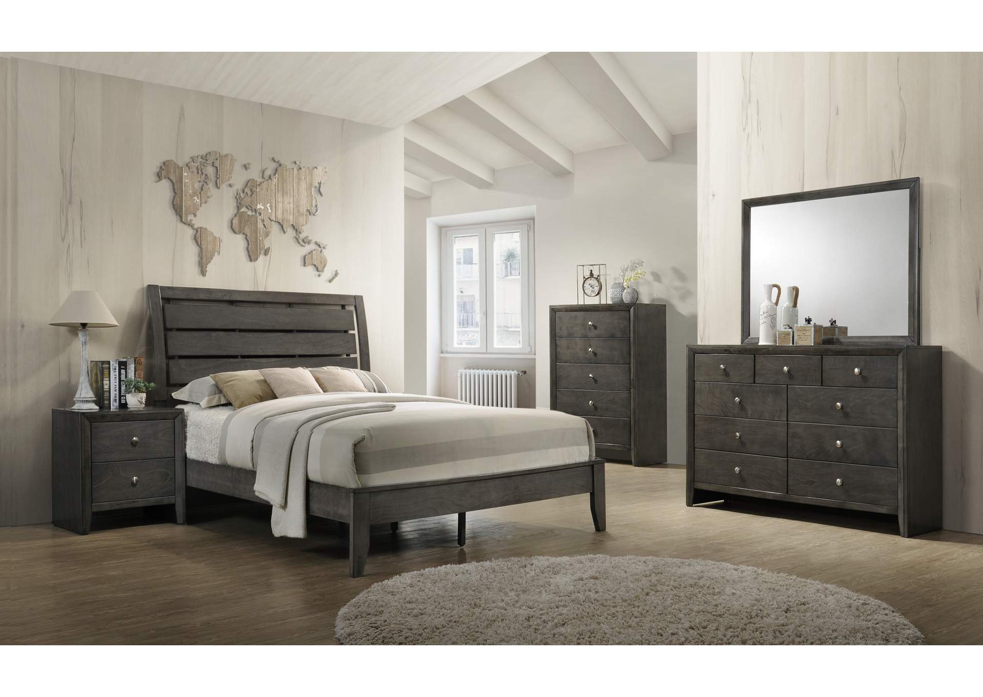 Evan Grey Full Bed W/ Dresser, Mirror, Nightstand,Crown Mark