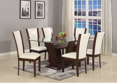 Camelia Rectangular Glass Top Dining Room Table w/6 White Side Chairs