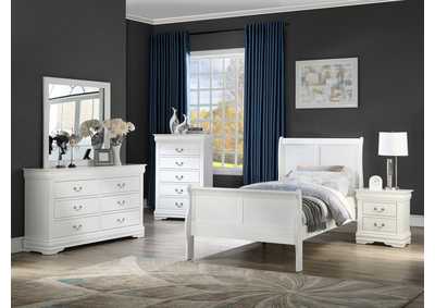 Louis Philip White Twin Bed W/ Dresser, Mirror, Nightstand, Chest,Crown Mark