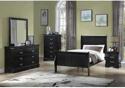 Louis Philip Black Twin Bed W/ Dresser, Mirror, Nightstand, Chest