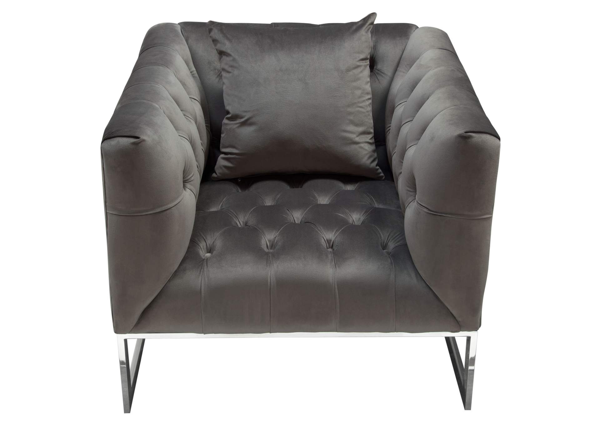 Crawford Tufted Chair in Dusk Grey Velvet w/ Polished Metal Leg & Trim