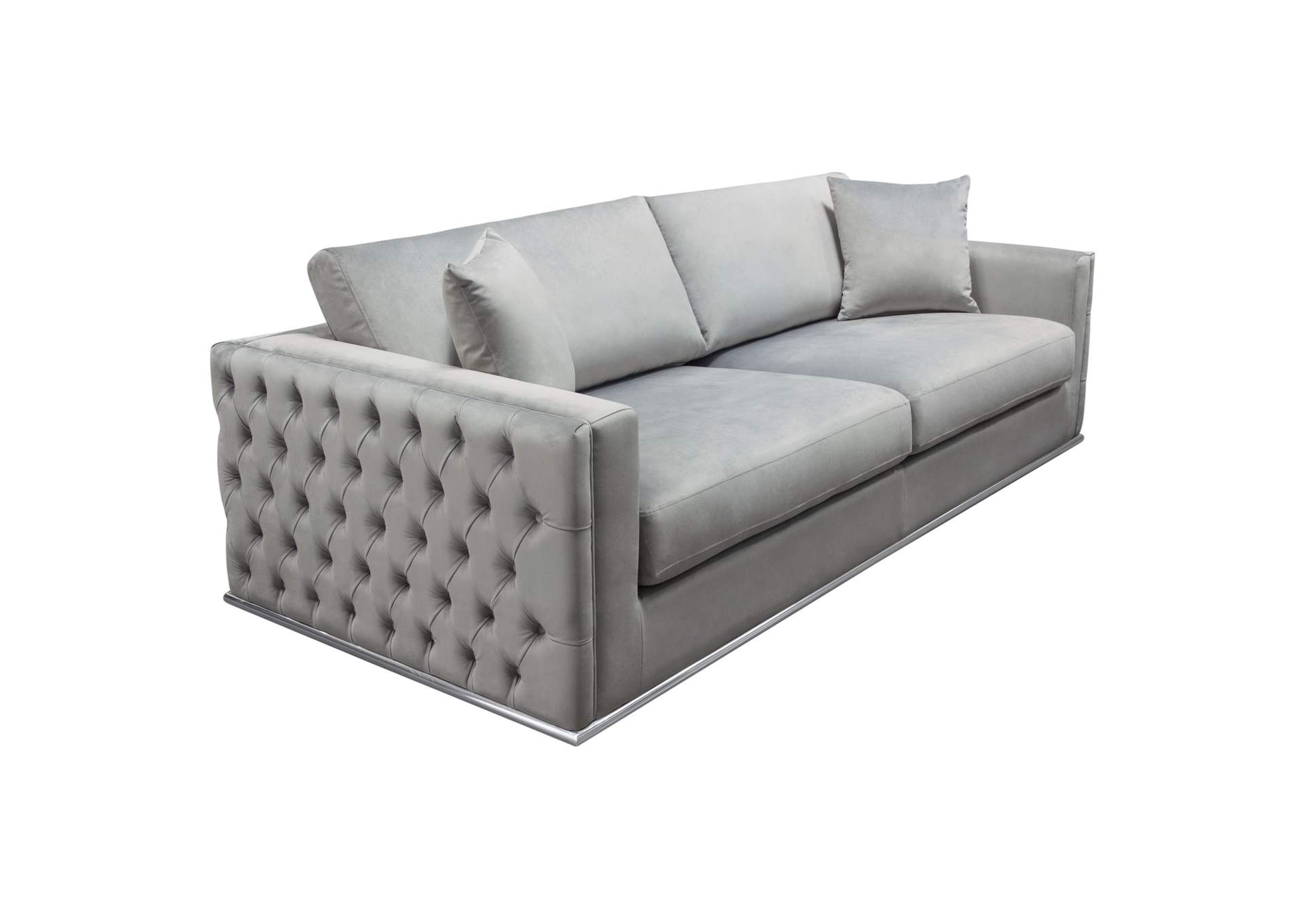 Envy Sofa in Platinum Grey Velvet with Tufted Outside Detail and Silver Metal Trim by Diamond Sofa,Diamond Sofa