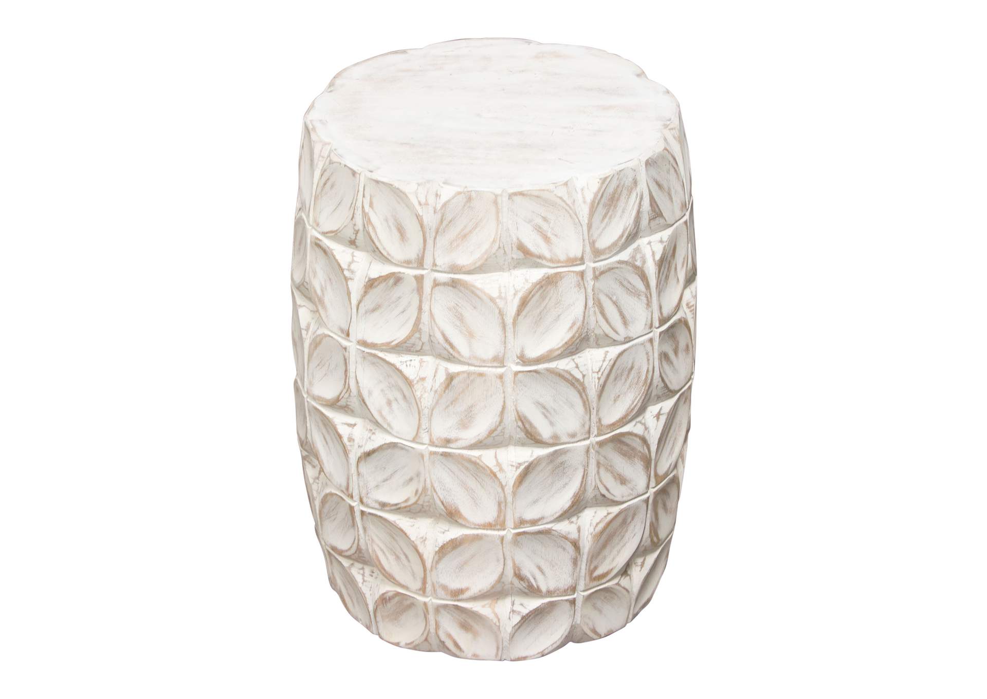 Fig Solid Mango Wood Accent Table in Distressed White Finish w/ Leaf Motif by Diamond Sofa,Diamond Sofa