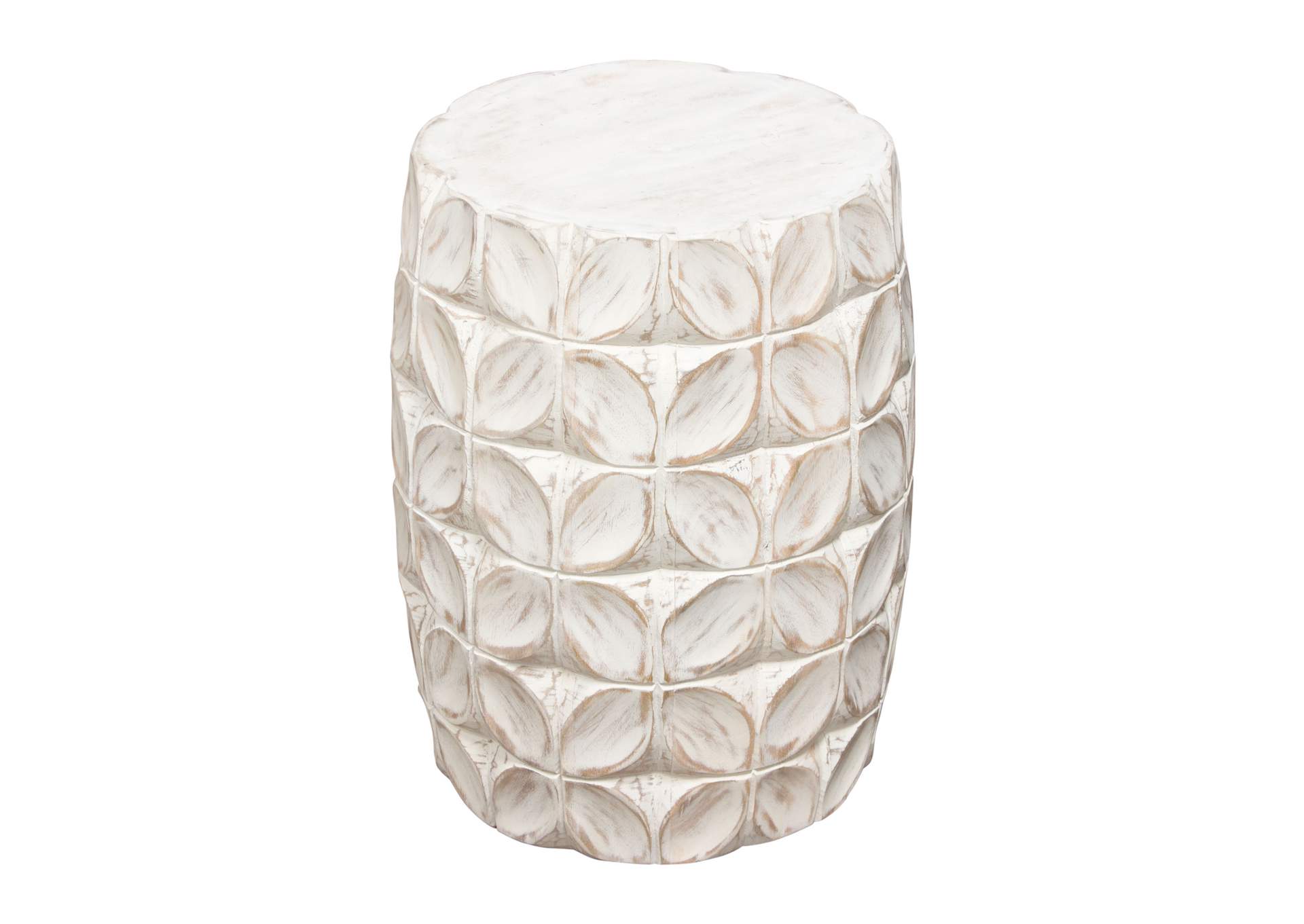 Fig Solid Mango Wood Accent Table in Distressed White Finish w/ Leaf Motif by Diamond Sofa,Diamond Sofa