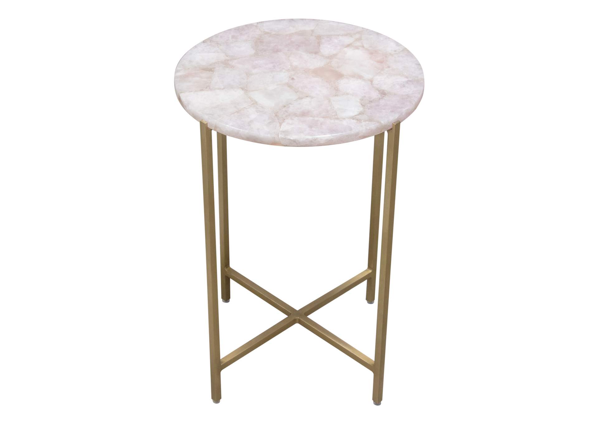 Mika Round Accent Table w/ Rose Quartz Top w/ Brass Base by Diamond Sofa,Diamond Sofa