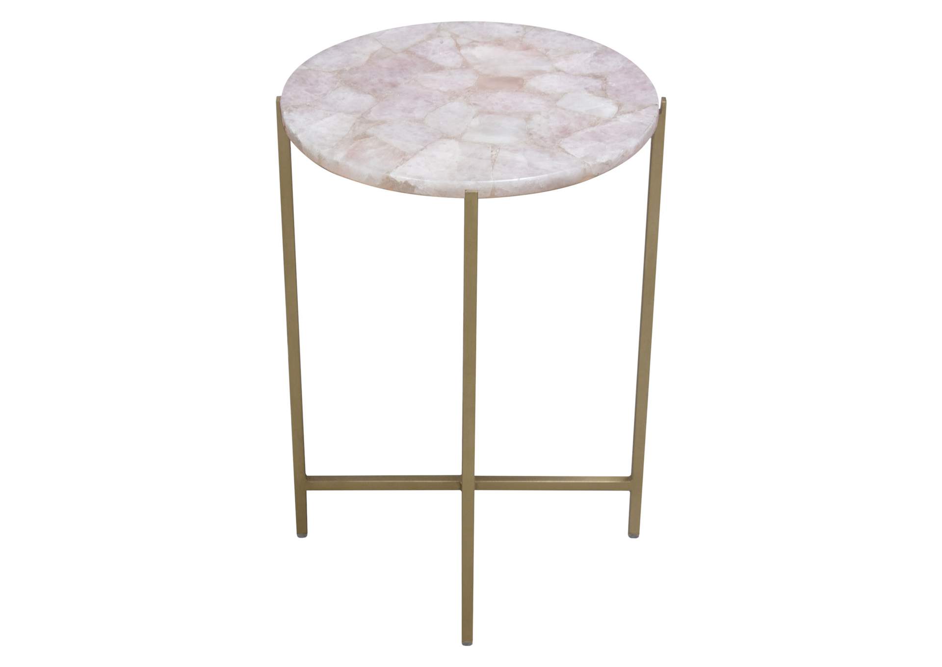 Mika Round Accent Table w/ Rose Quartz Top w/ Brass Base by Diamond Sofa,Diamond Sofa