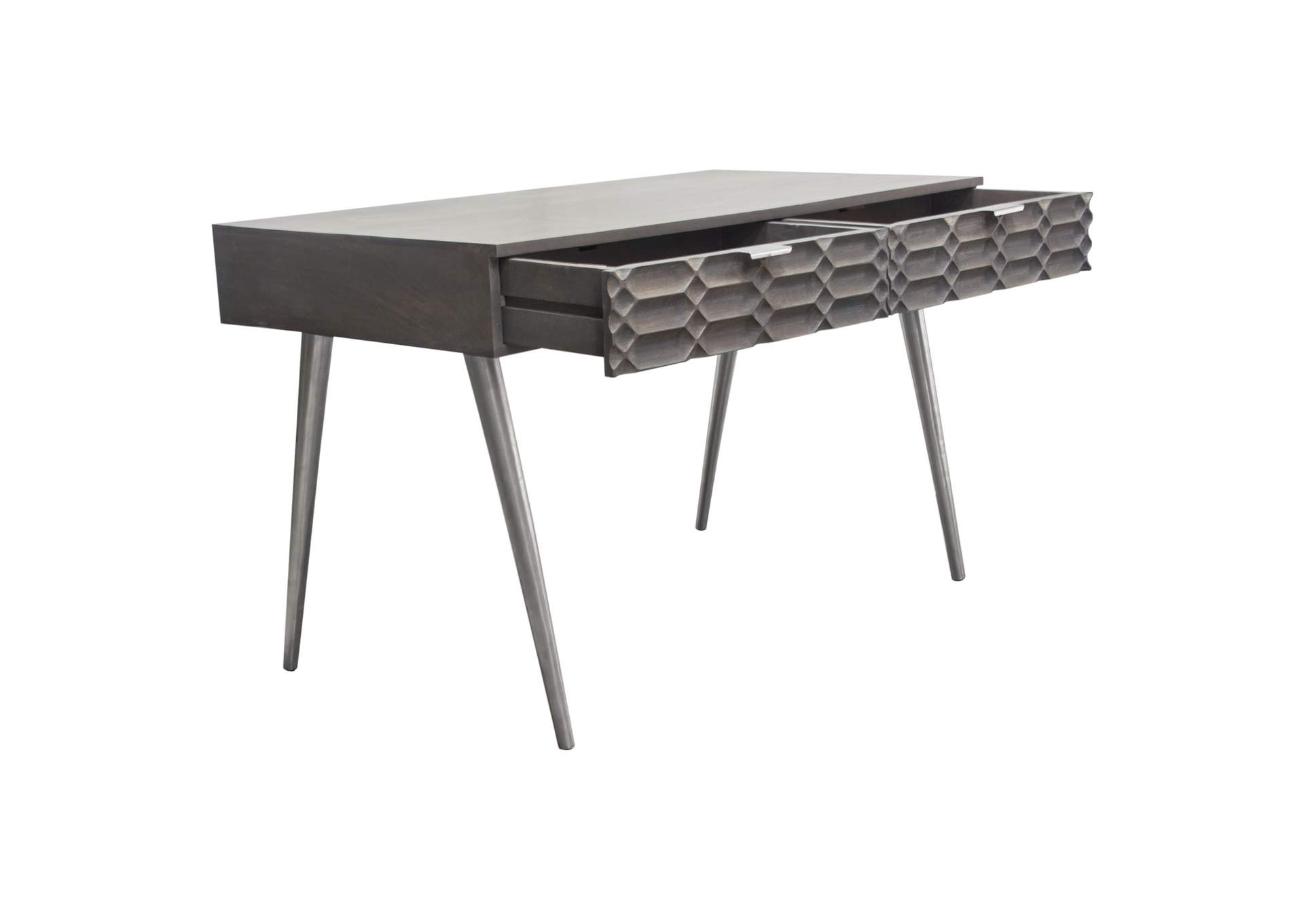 Petra Solid Mango Wood 2-Drawer Writing Desk in Smoke Grey Finish w/ Nickel Legs by Diamond Sofa,Diamond Sofa