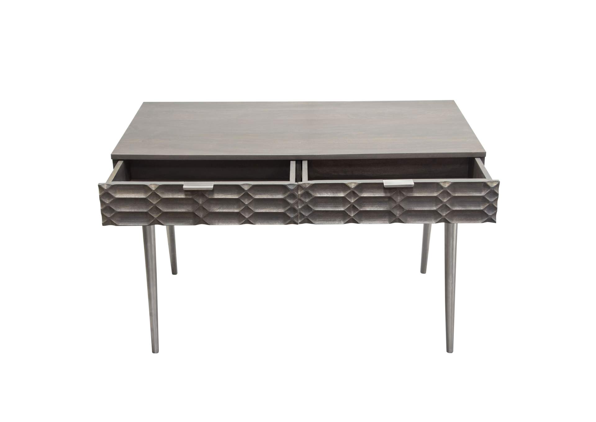 Petra Solid Mango Wood 2-Drawer Writing Desk in Smoke Grey Finish w/ Nickel Legs by Diamond Sofa,Diamond Sofa