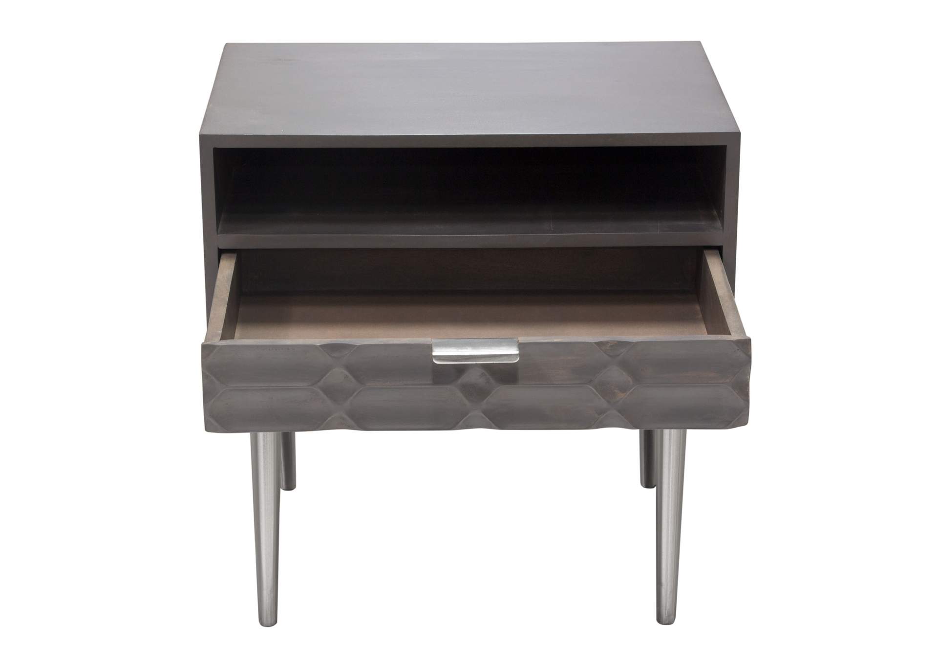 Petra Solid Mango Wood 1-Drawer Accent Table in Smoke Grey Finish w/ Nickel Legs by Diamond Sofa,Diamond Sofa