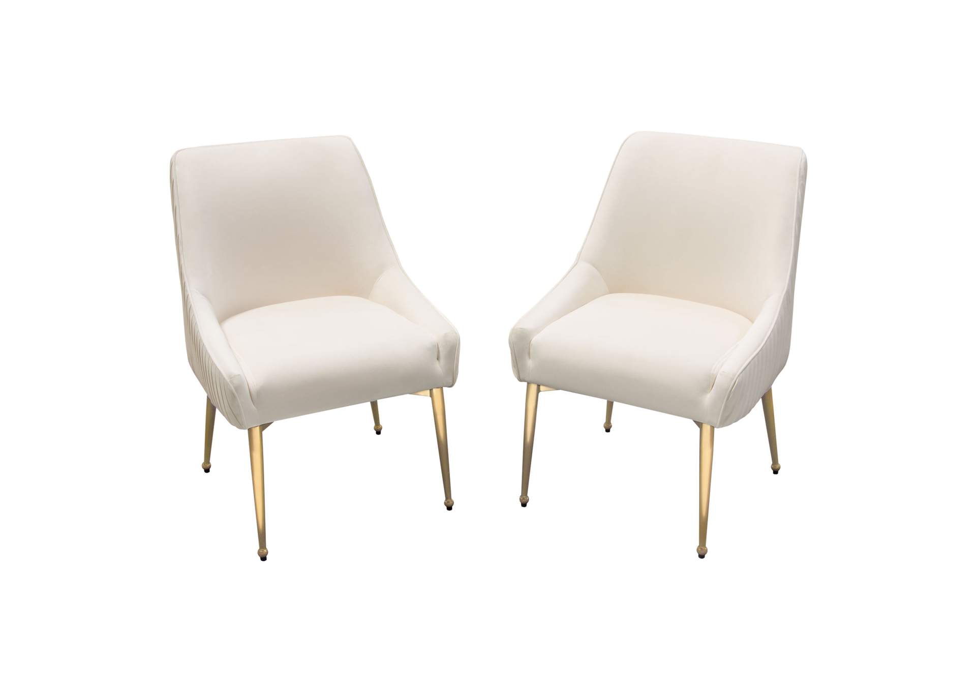 Set of (2) Quinn Dining Chairs w/ Vertical Outside Pleat Detail and Contoured Arm in Cream Velvet w/ Brushed Gold Metal Leg by Diamond Sofa,Diamond Sofa