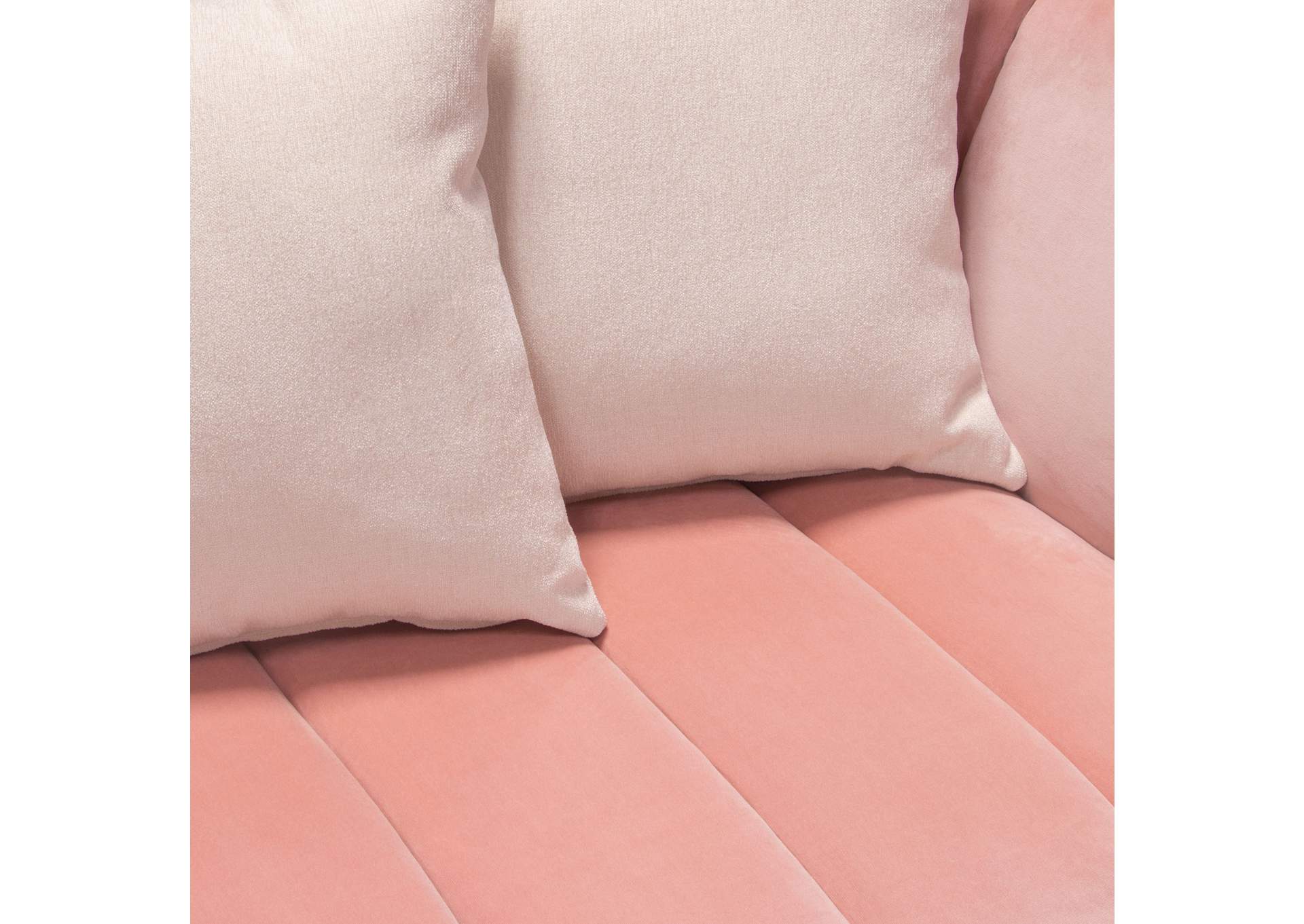 Venus Sofa in Blush Pink Velvet w/ Contrasting Pillows & Gold Finished Metal Base by Diamond Sofa,Diamond Sofa