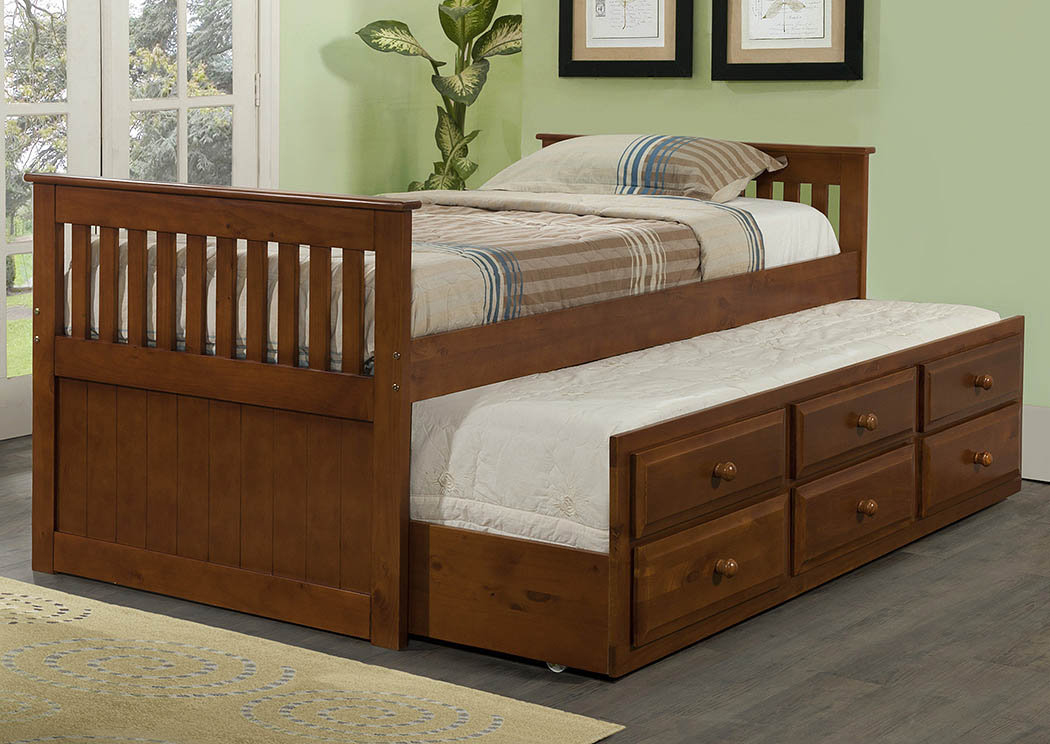 Twin Light Espresso Mission Trundle Bed w/3 Roll-Out Storage Drawers,Donco Kids