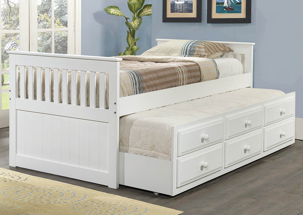 Twin White Mission Trundle Bed Bed w/ 3 Roll-Out Storage Drawers,Donco Kids