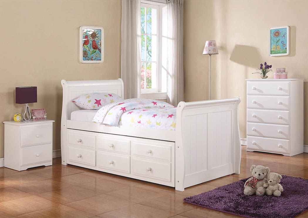 Twin White Sleigh Captains Bed w/Roll-Out Twin Trundle Bed & 3 Storage Drawers,Donco Kids
