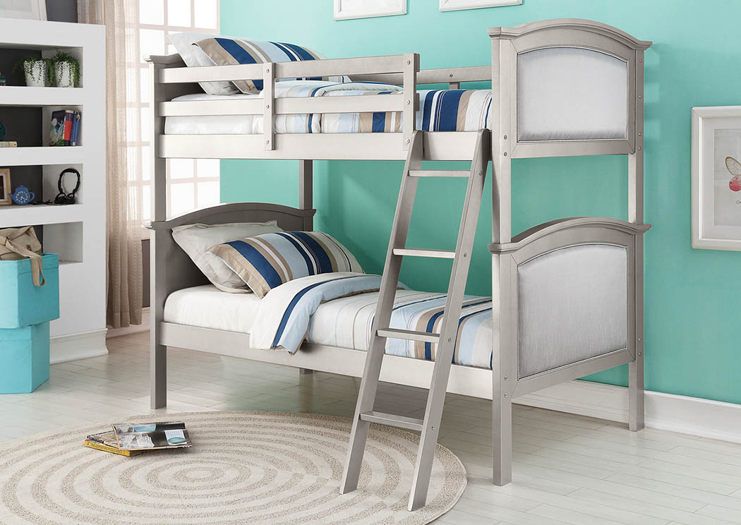 Twin/Twin Platinum Upholstered Bunk Bed w/Ladder,Donco Kids