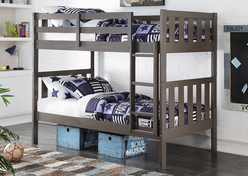 Twin/Twin Slate Gray Wide Mission Bunk Bed w/Ladder,Donco Kids