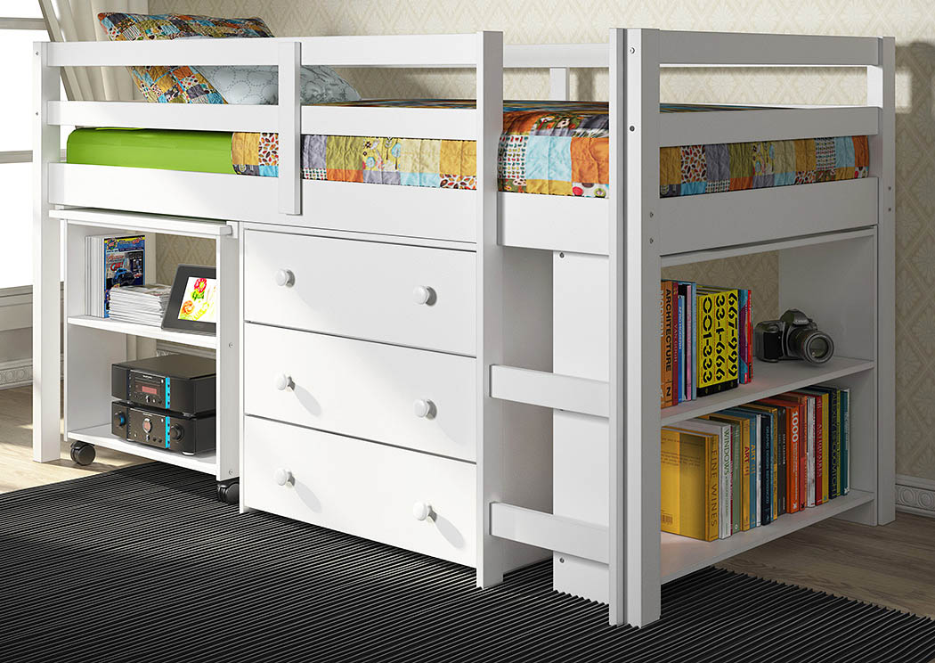 Twin White Low Loft Study Bed,Donco Kids