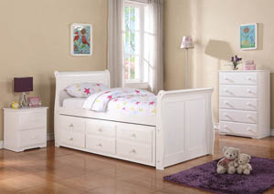 Twin White Sleigh Captains Bed w/Roll-Out Twin Trundle Bed & 3 Storage Drawers