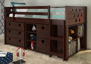 Image for Twin Dark Cappuccino Low Loft Bed w/5 Drawers & Bookcase